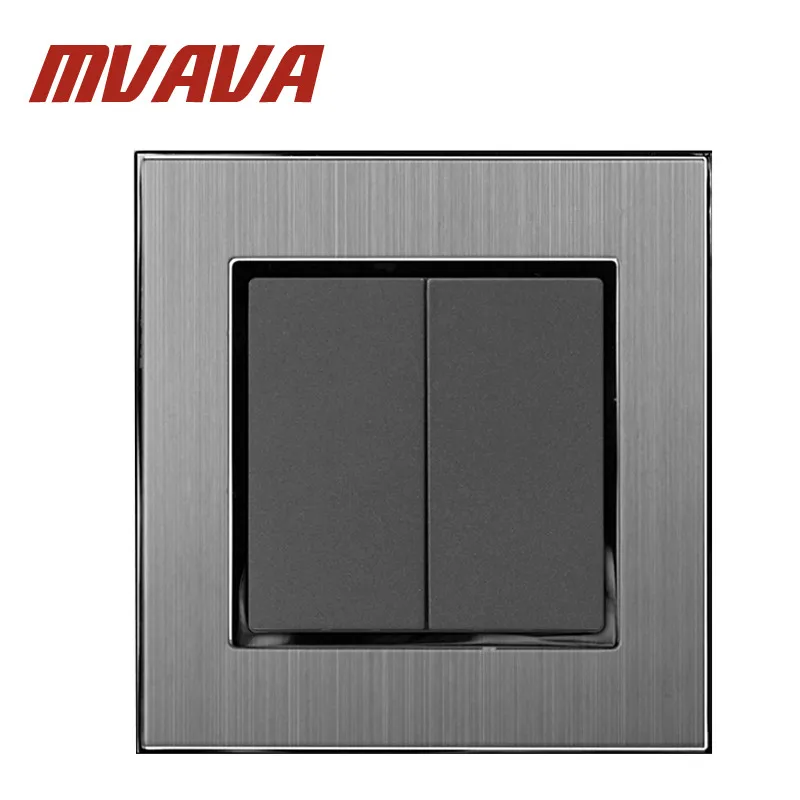 

Silver Satin Metal 2 Gang Luxury Hotel EU UK Standard Grey Silver Color Metal Frame Reset Control Push Button Light Switch 220V