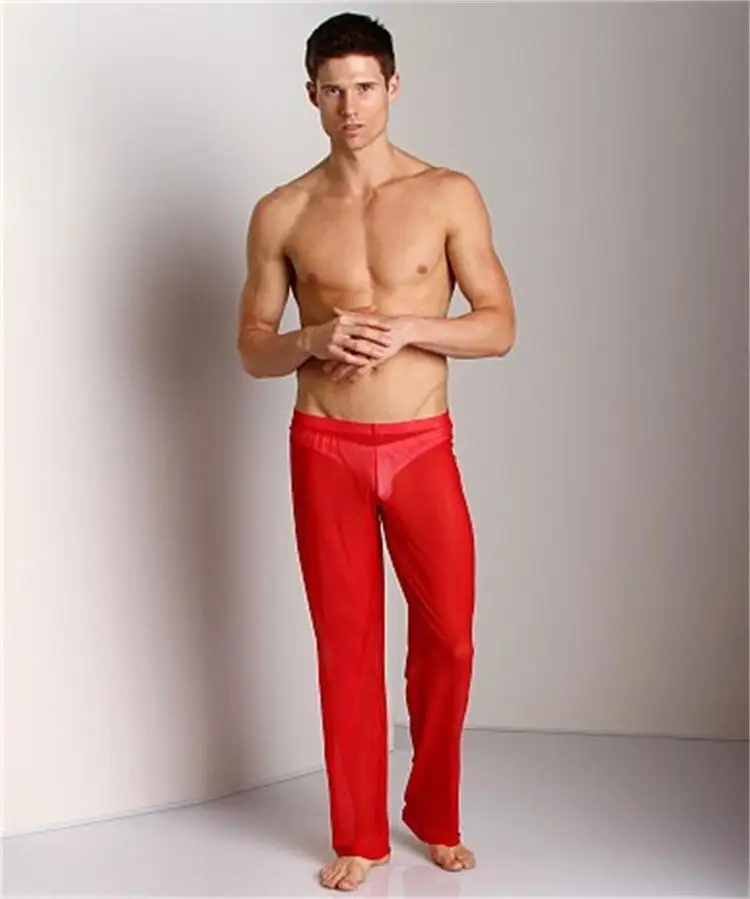 Мужские повседневные Пижамные брюки Cueca, мужские прозрачные трусики, сексуальные сетчатые пижамы, прозрачные длинные свободные штаны для отдыха - Цвет: Red