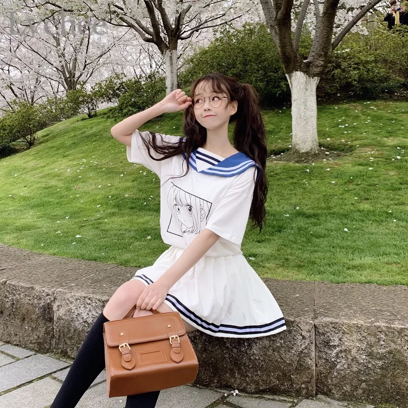 

Lychee Preppy Style Sailor Collar Cartoon Girl Print Female T Shirts Top Tees Short Sleeve Summer Loose Women T Shirts