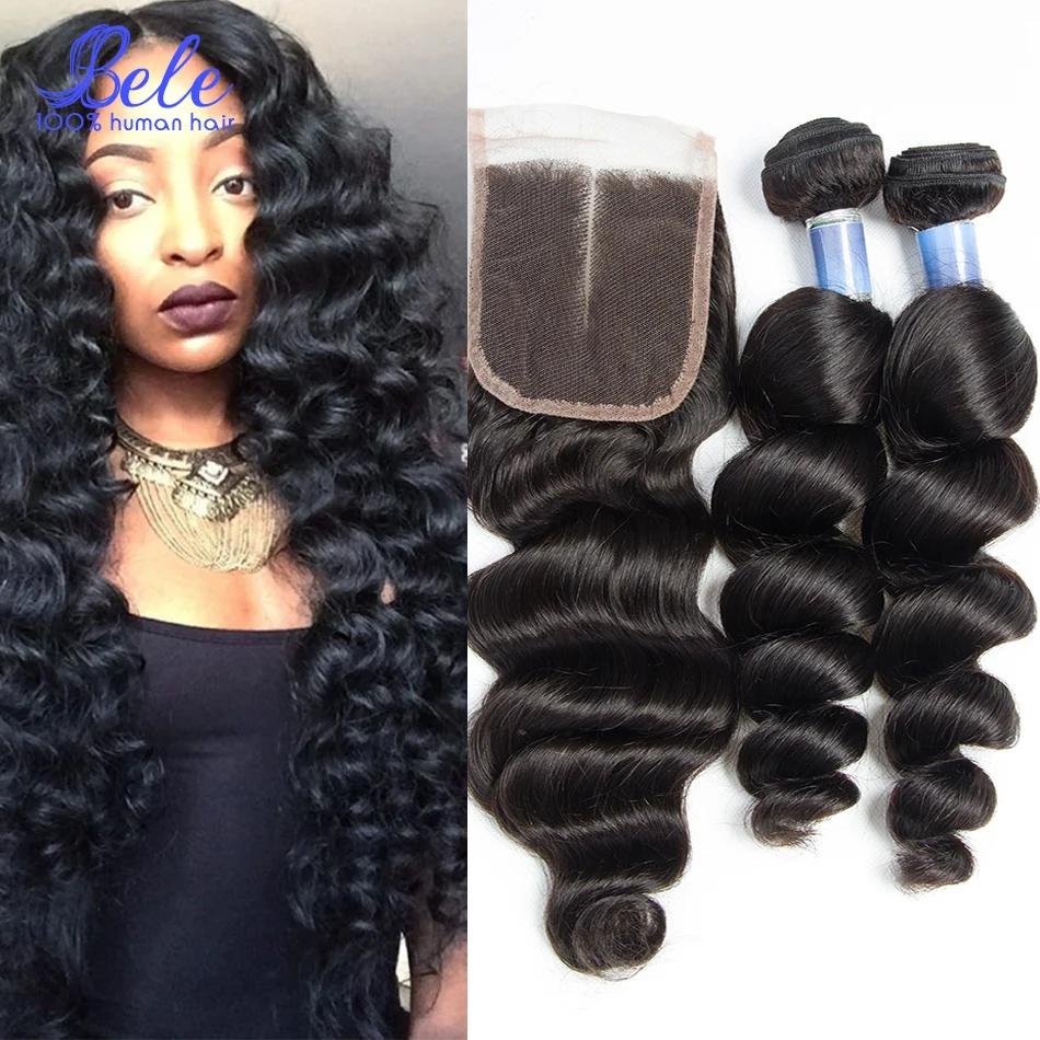 Bele Peruvian Loose Wave With Closure 4pcs lot Peruvian Virgin Hair Lace Closure With Bundles 7A Virgin Peruvian Hair Loose Wave