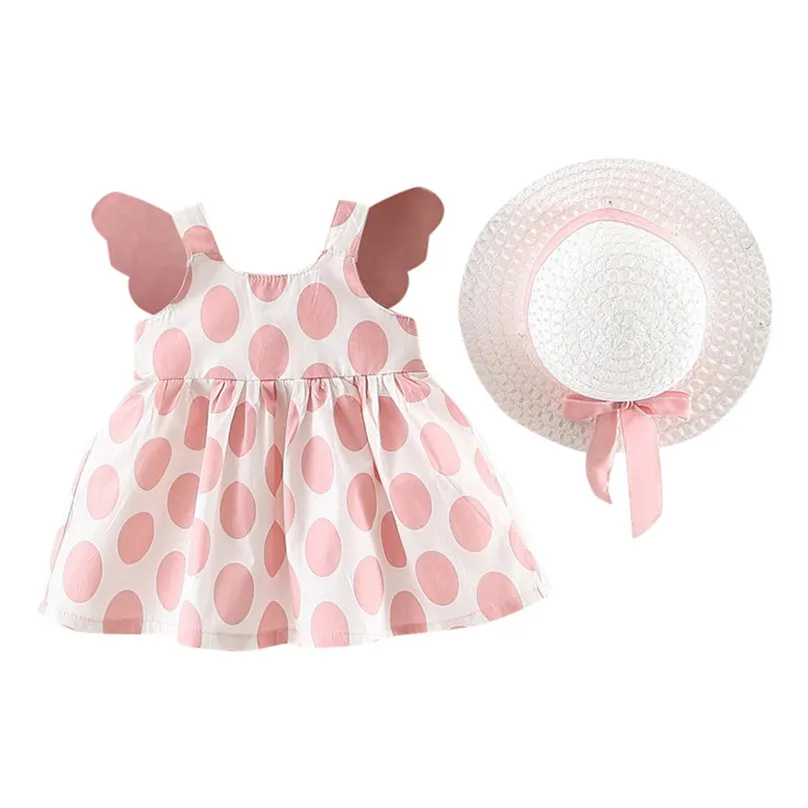 Новое милое летнее платье в горошек для маленьких девочек из 2 предметов, детское праздничное платье принцессы без рукавов с цветочным рисунком для девочек, сарафан, шляпы от солнца, 4JJ - Цвет: pink