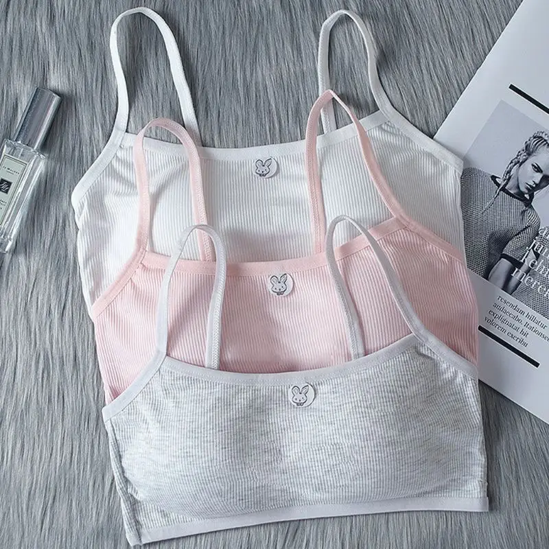 

Puberty Girl Spaghetti Straps Sport Training Bra Underwear Thread Ribbed Cute Rabbit Applique Bralette Removable Padded Vest