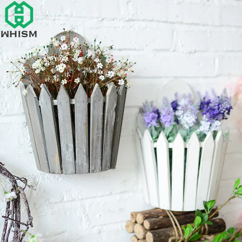 WHISM Handmade Small Fence Flower Pot Wood Hanging Basket Artificial Plants Vase Decorative Fake Flower Planter Garden Supplies