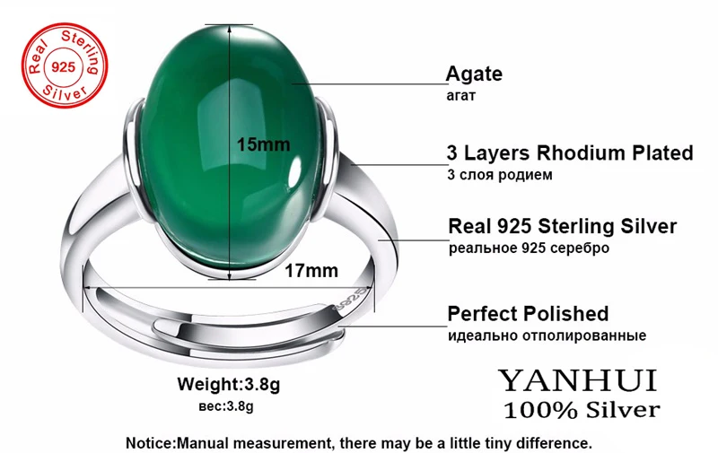 YANHUI, Настоящее твердое 925 Серебряное кольцо с большим натуральным камнем, красный/зеленый кристалл, модные кольца для женщин, ruby01изумруд