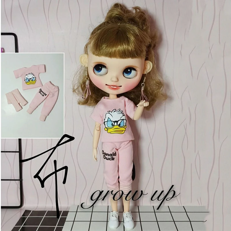 

3pcs/set Doll's Blyth Clothes Cartoon T-shirt+Arm Long Sleeve+Pant for 1/6 Doll Accesories (fit blyth ob24 Azone Licca 1/6 Doll)