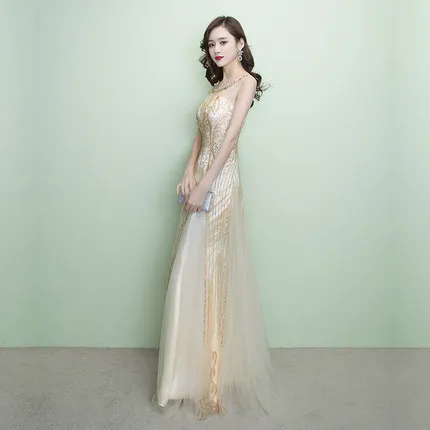 

2019 New Slim Long Sleeveless Sweet Lace Floral Princess Banquet Dress