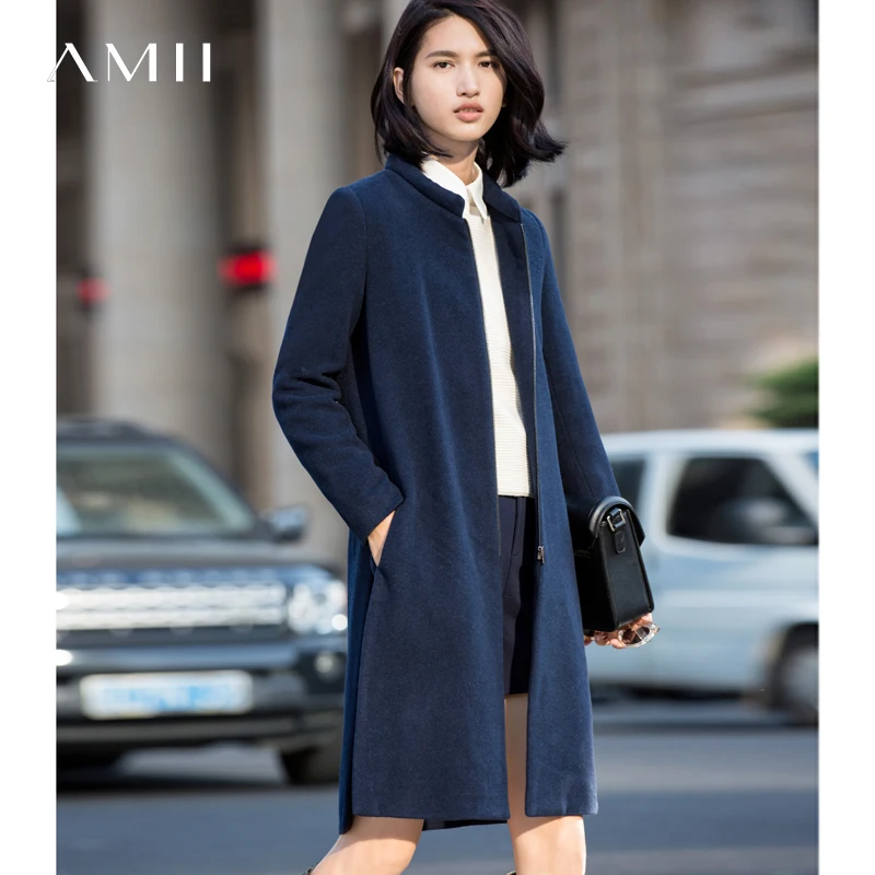 

Amii Casual Women Woolen Coat 2017 Winter Zipper Mandarin Collar Solid Female Wool Blends