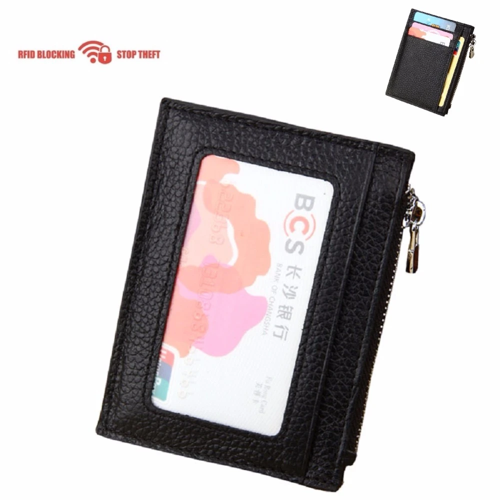 Men Card & ID Cases RFID Blocking Leather Slim Zipper Credit Card