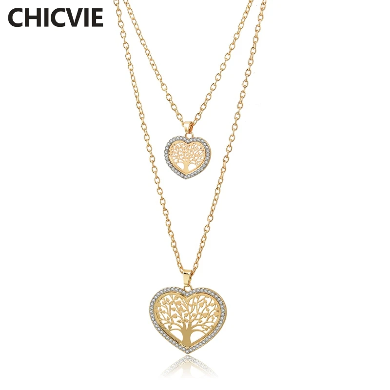 

CHICVIE Gold Heart Shape Tree Of Life Layered Necklace Pendants Jewelry Thin Chain Statement Stainless Steel Necklaces SNE180063