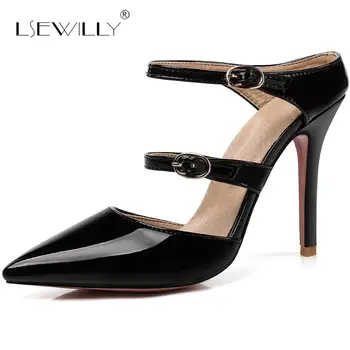 

Lsewilly Top Quality Women Sandals Thin High Heel Patent Leather Buckle Straps Summer Pointed Toe Sandals Size 30-47 S432