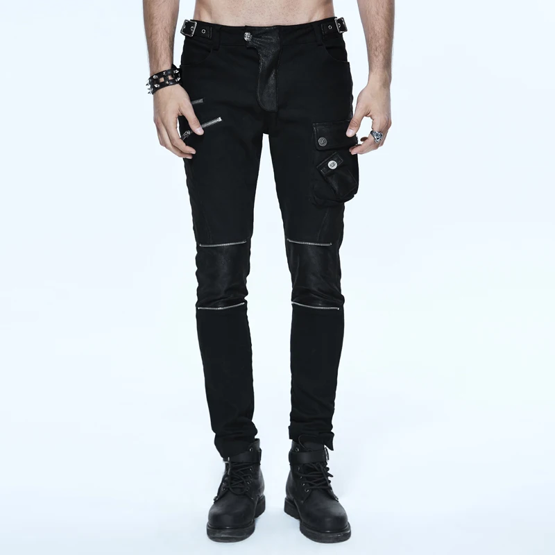 

Punk Men's Long Pants with Detachable Bag Slim-fitting Pencil Pants Zippers Black Casual Trousers