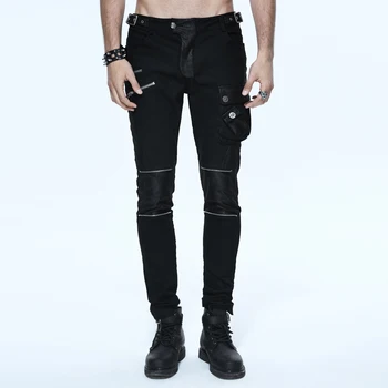 

Punk Men's Long Pants with Detachable Bag Slim-fitting Pencil Pants Zippers Black Casual Trousers
