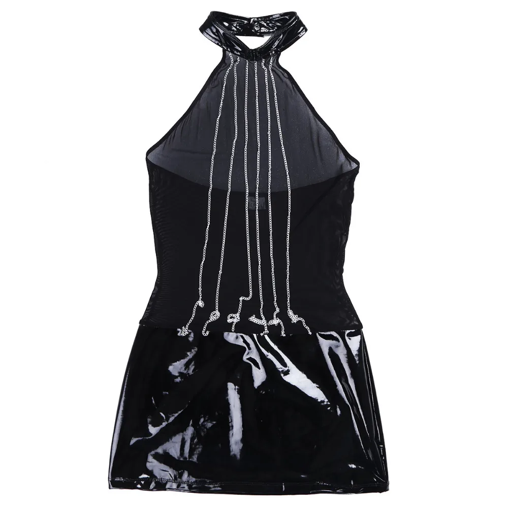 Женское сексуальное Клубное платье с сеткой, прозрачное, из лакированной кожи, с лямкой через шею, тонкое вечернее платье с серебряной металлической цепочкой
