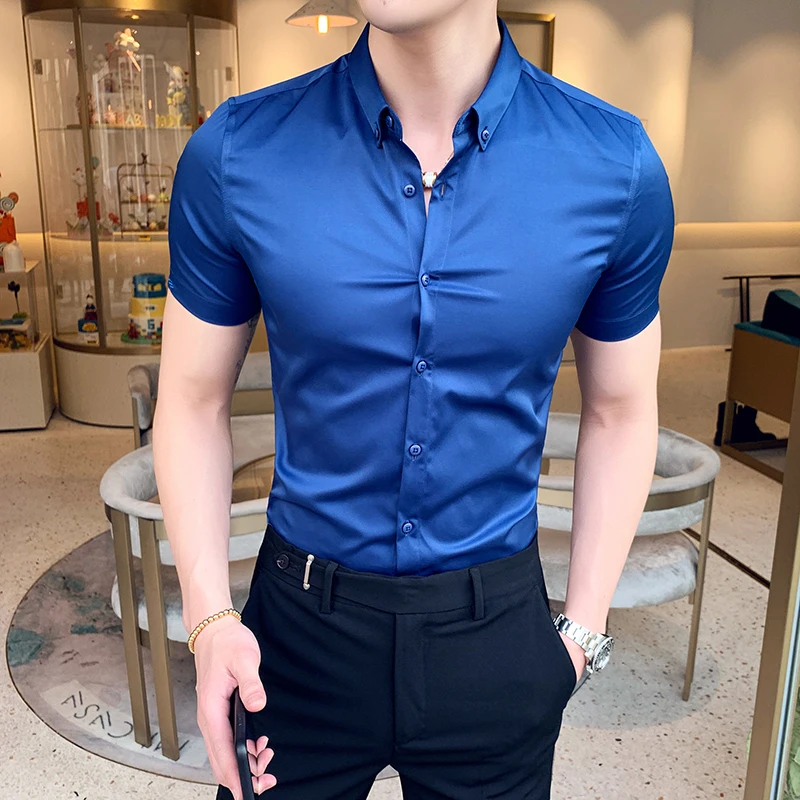 Летние мужские рубашки с коротким рукавом бренд 2019 Slim Fit Мужская рубашка отложным