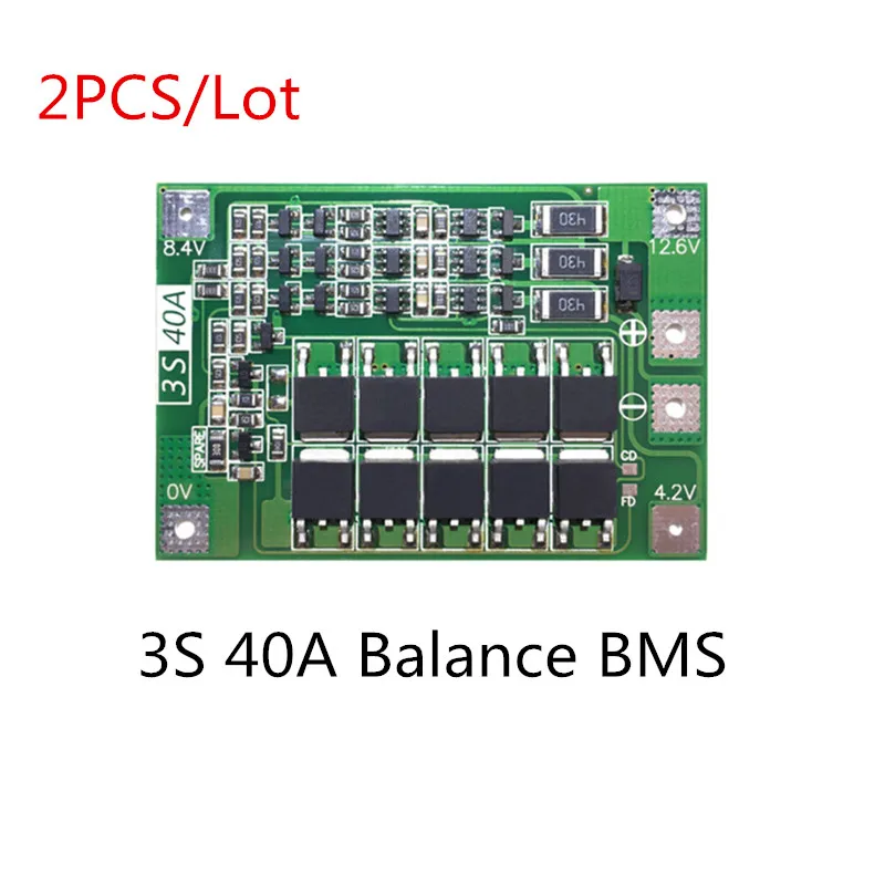 2PCS 3S 40A BMS 11.1V 12.6V 40A 18650 lithium battery protection Board with balanced Version for drill