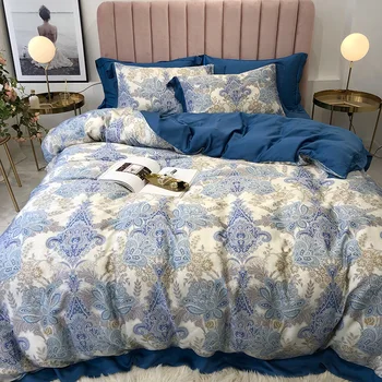 

High-end light elegant super-large small and fresh Lesser 60 Lan Jingtian Silk 4pcs bedding duvet cover sheets and pillowcases
