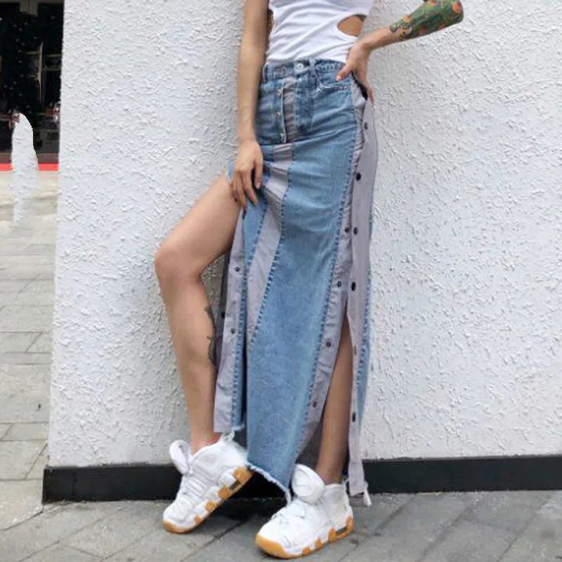 

2019 New Spring Summer High Waist Split Joint Spliced Vent Button Personality Half-body Skirt Women Fashion Tide C220
