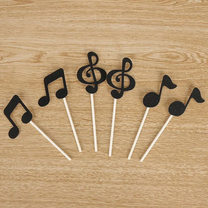 6 Pcs Lot Black Music Notes Cupcake Topper Theme Cartoon Party
