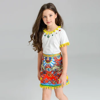 

2016 European Tassel t-shirt+ printed skirt girls clothes fashion clothing set kids clothes