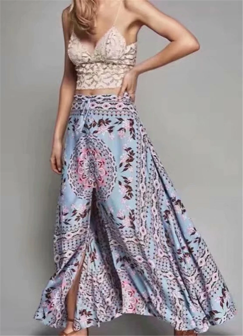 Boho chic women summer Hippie beach skirt Mesh stitching cute floral printed Bohemian long maxi skirt female oversize