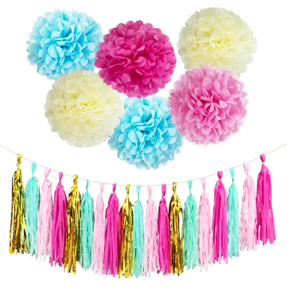 HEY FUNNY 1Set of colorful Paper Pom Poms Tissue Tassel Bunting Garland