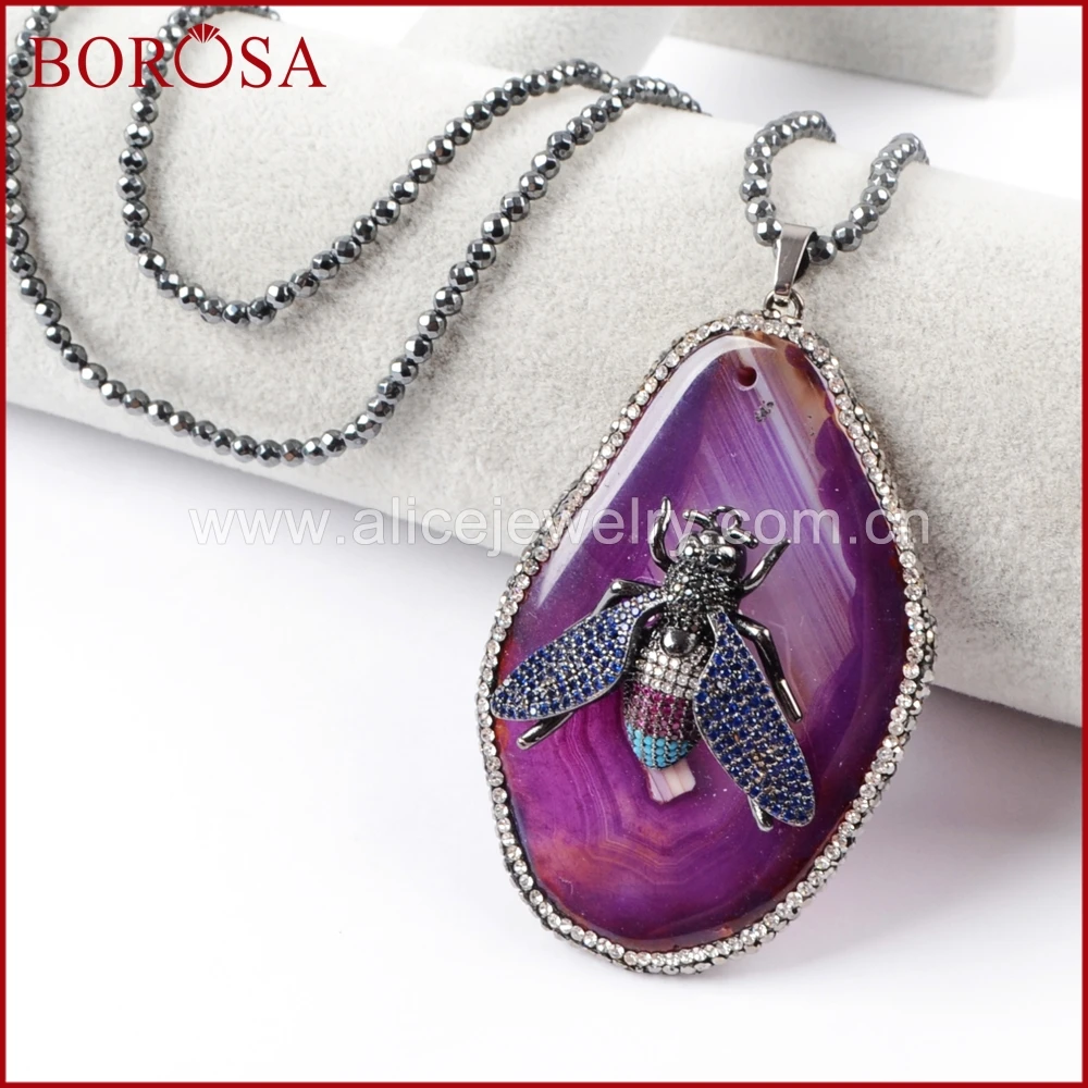 BOROSA 3" Freeform Агаты Кристалл паве CZ насекомых Bee Шарм Подвески гематитовый камень подвеска-бусы Цепочки и ожерелья камни для Для женщин JAB874