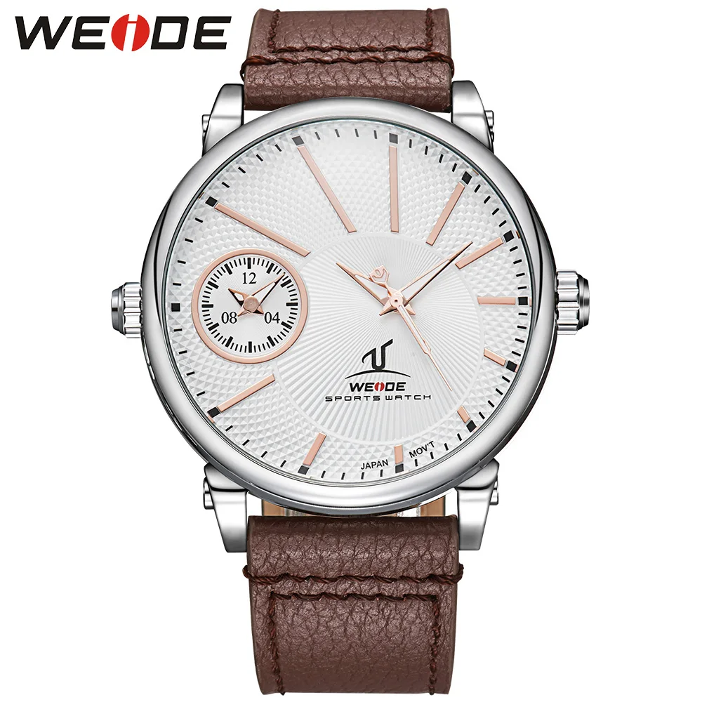 

WEIDE Men Top Luxury Brand Watch Quartz Movement Silver White Dial Brown Leather Strap Casual Clock Fashion Wristwatch Relojes