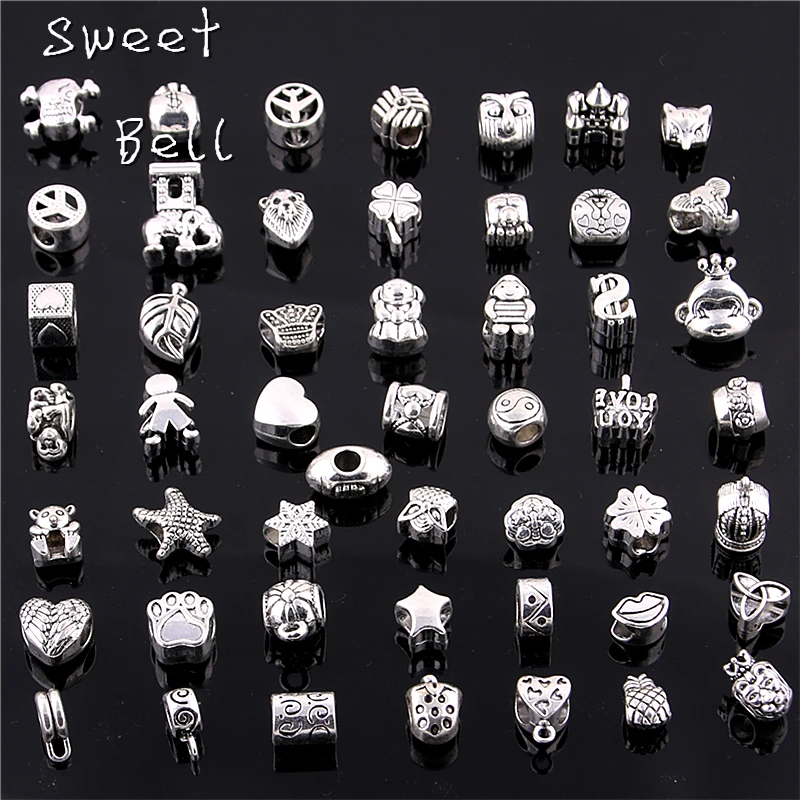 

Sweet Bell 50 Pcs/lot Big Hole Beads Fit Antique Silver Metal Zinc Alloy Mixed DIY Beads Charm for Bracelets D0955