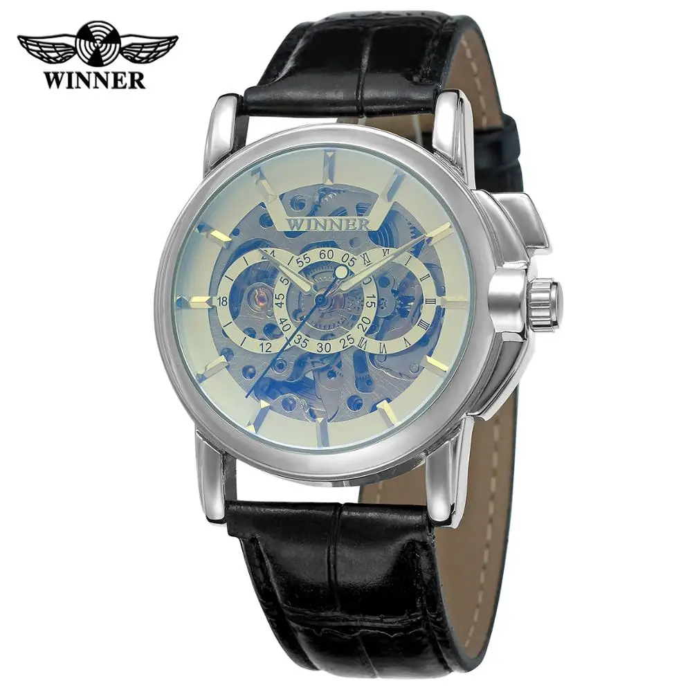 

WINNER WATCH blue and light yellow surface creative design reverse black leather strap men's automatic watch