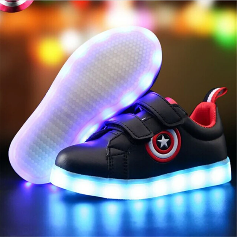 

YPYUNA Captain America Children Shoes Light Led luminous Sneakers Boys Girls USB Charging Sport Casual Shoes For Kids Glowing