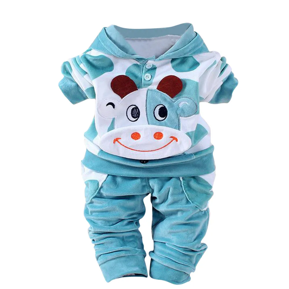 

New Born Set Winter warm cow cartoon image children's suit Velvet Hooded Tops Set ropa bebe recien nacido