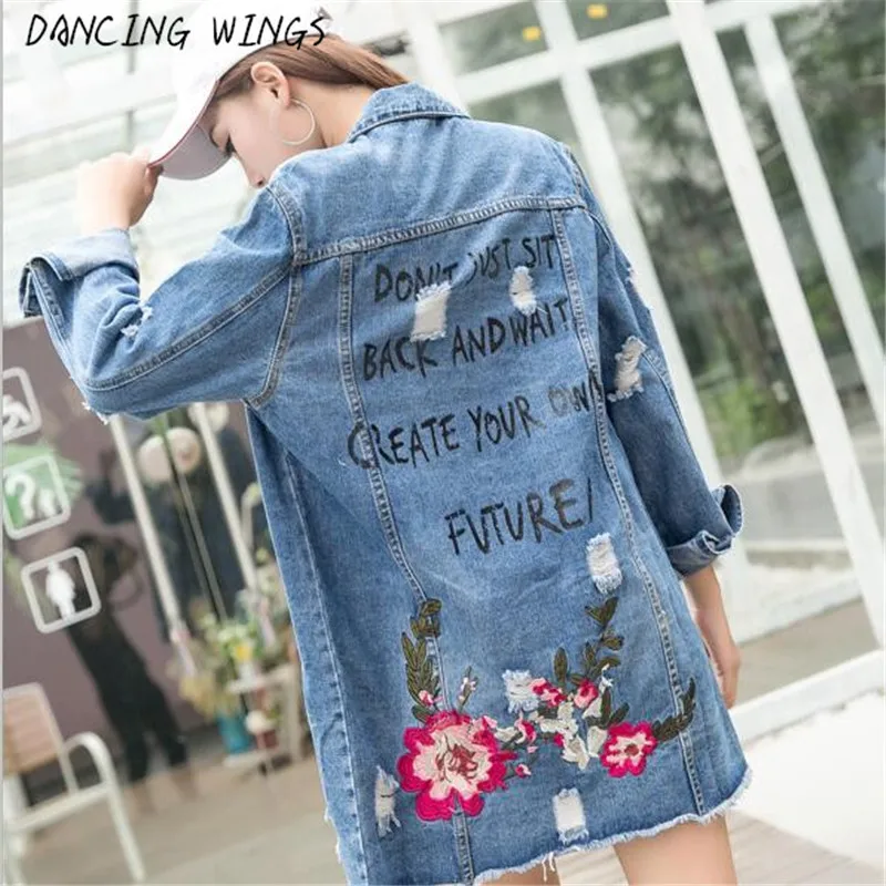 

Spring Autumn Floral embroidery Denim Jacket Basic Coats Woman Bomber Loose Wild Long Holes Cardigan