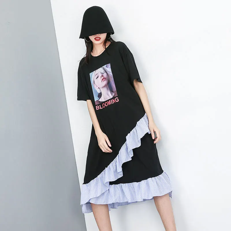 

Women Summer Short Sleeve Ruffles Spliced Print T Shirt Dress Female Streetwear Hip Hop Boyfriend Loose Casual Black Dresses