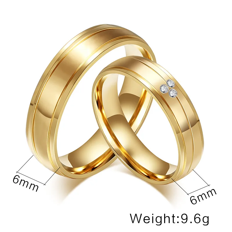 Обручальное кольцо из нержавеющей стали 6 мм, без выцветания, для влюбленных, IP, золотой цвет, циркон, хрустальные парные кольца, набор для мужчин и женщин, обручальное ювелирное изделие