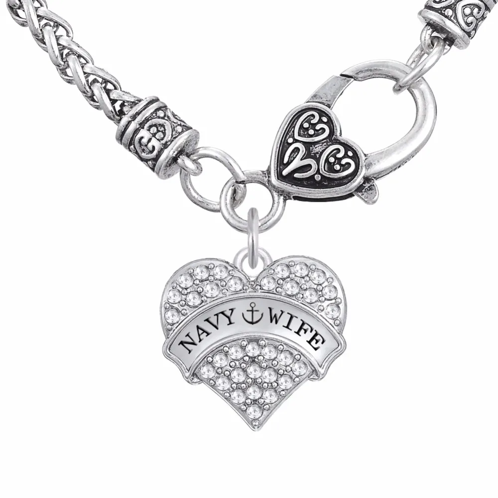 

Lemegeton Antique Silver Color White Crystal Heart Pendant Necklaces Navy jewelry Navy wife & Navy mom pendant Necklaces