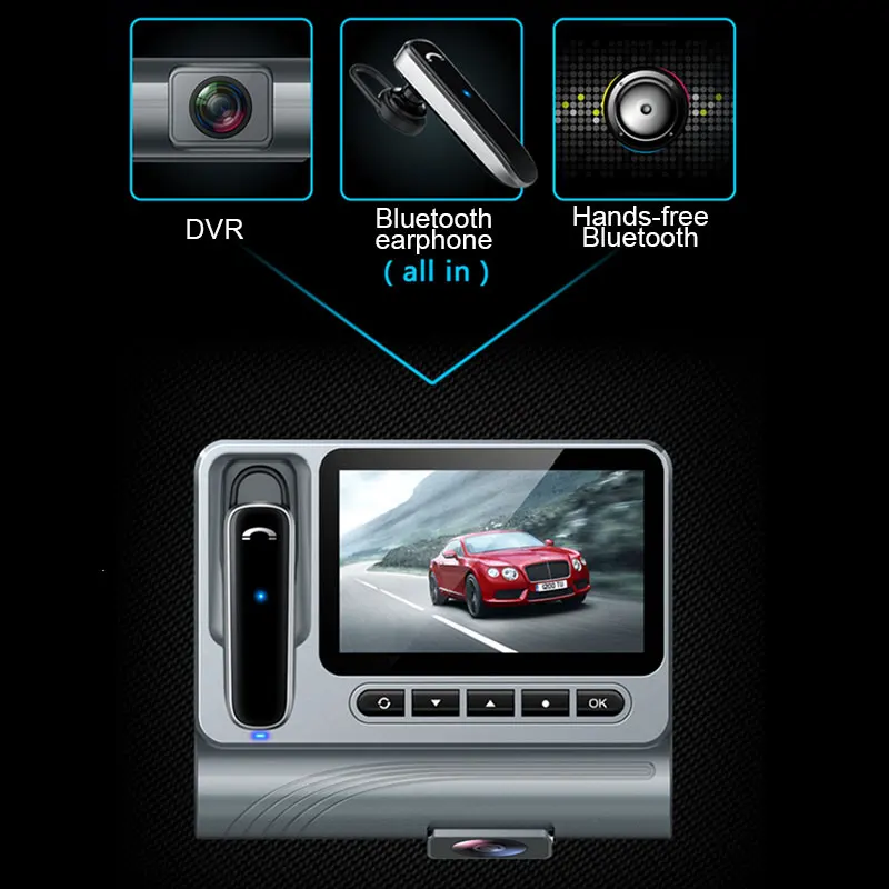 

Hands-free Bluetooth Headset Night Vision Wide Angle CAR DVR 3" Dash Camera Cam DVR HD Screen Display Hidden Driving Recorder