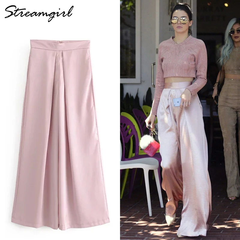 

Streamgirl Loose Wide Leg Pants Women Autumn Pink Satin Pants For Women Wide Leg Pant High Waist Silk Office Trousers Women 2019