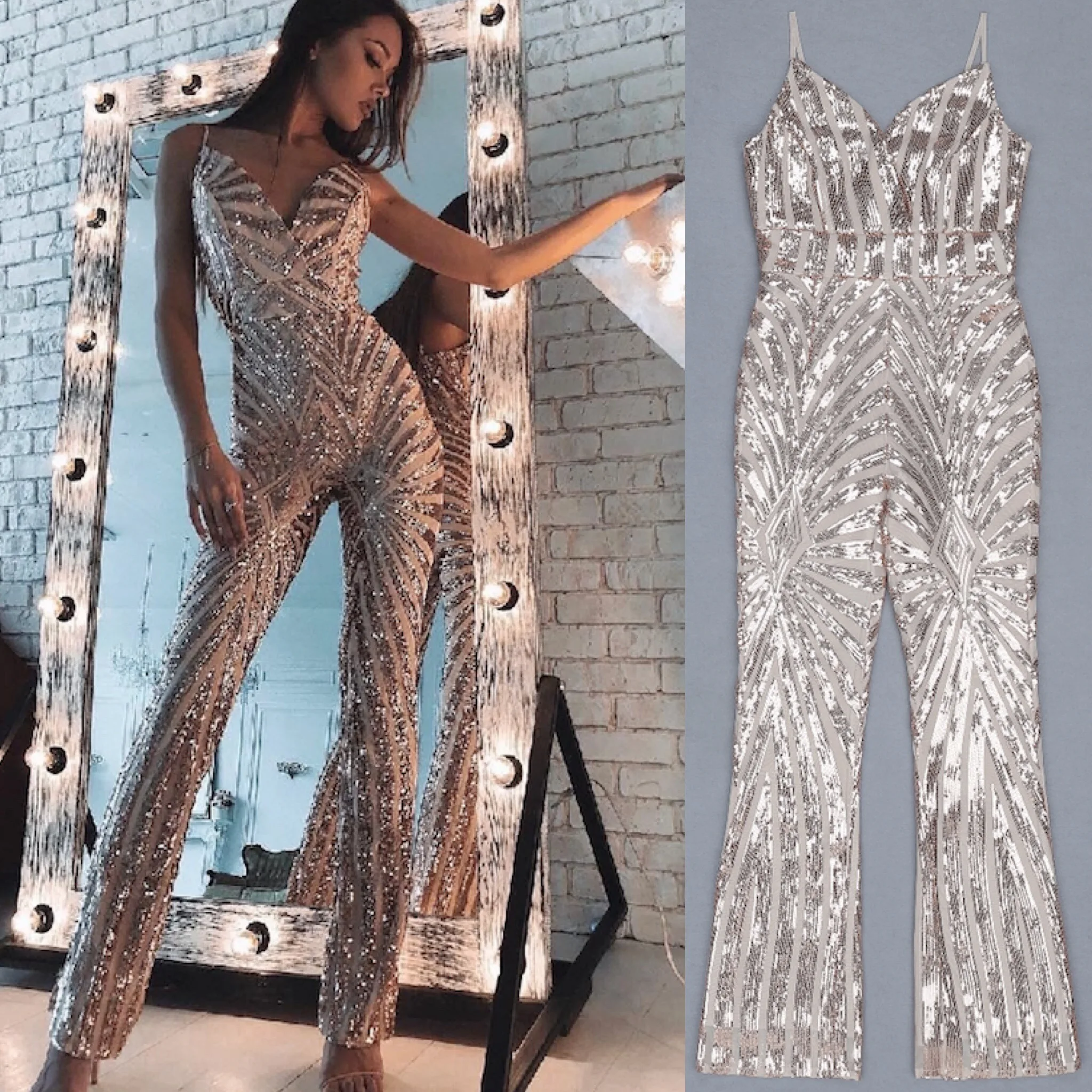 Blingbling одежда для бега женские пикантные блестки Спагетти ремень Глубокий v-образный вырез Комбинезоны абрикосовый тонкий золотой облегающий наряд дамы