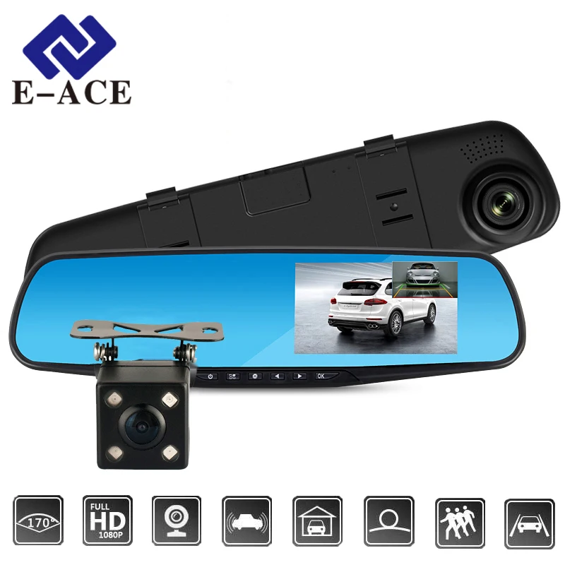 E-ACE Full HD 1080P Car Dvr Camera Auto 4.3 Inch Rearview Mirror Digital Video Recorder Dual Lens Registratory Camcorder