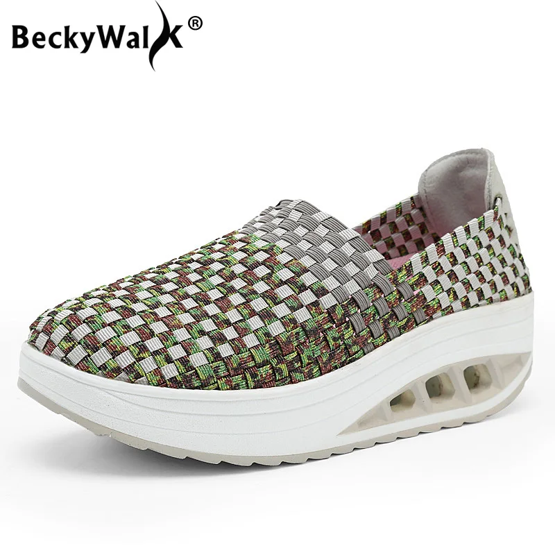 Женские кроссовки без шнуровки BeckyWalk тканые летние на платформе с сеточкой