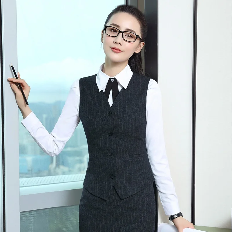 High Quality Fiber Formal Ladies Black Striped Vest Women Waistcoat