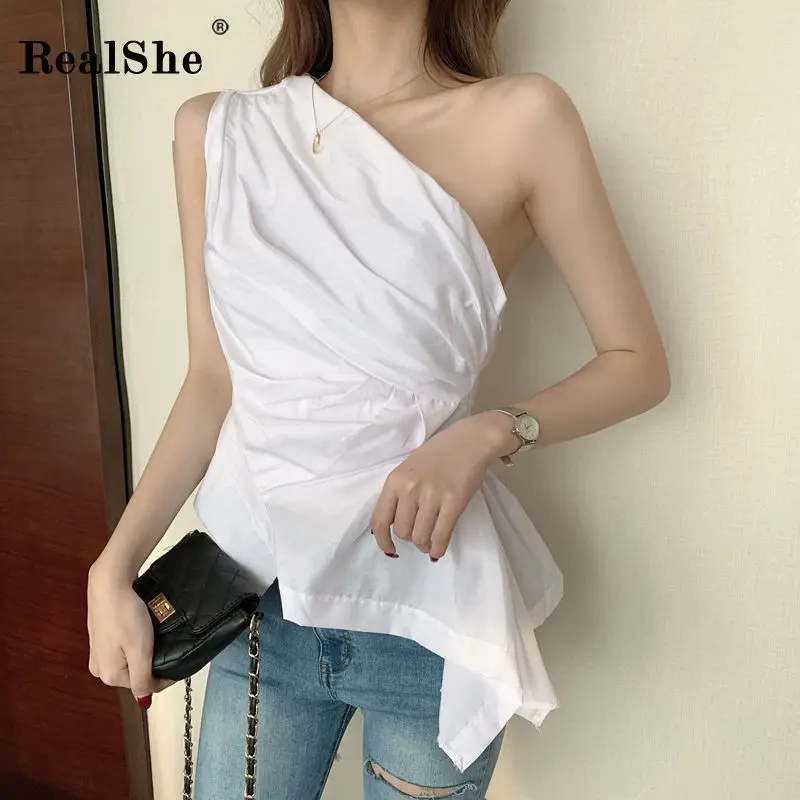 Cena RealShe 2019 koszulka żeńska kobiety ukośny kołnierz jedno ramię bez rękawów jednolite topy i bluzka kobieta lato koszula na co dzień odzież
