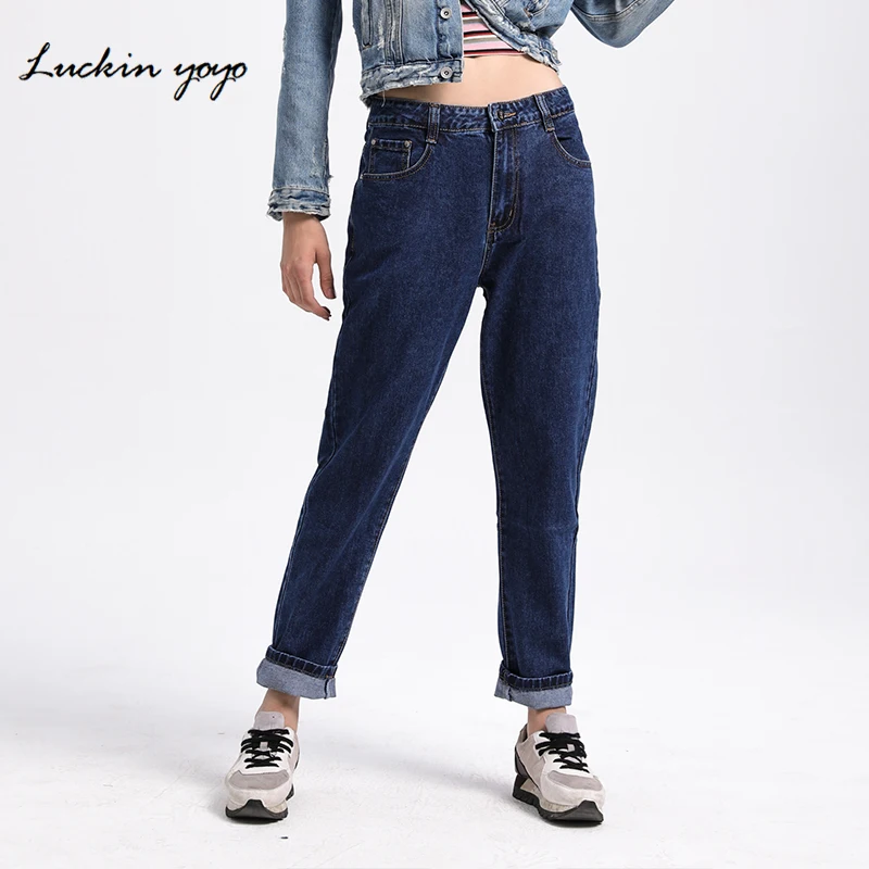 Luckinyoyo Mid Waist Mom Jeans Casual Plus Size Women's Jeans Pant Cotton Loose Style Full Length High Street Denim Jeans