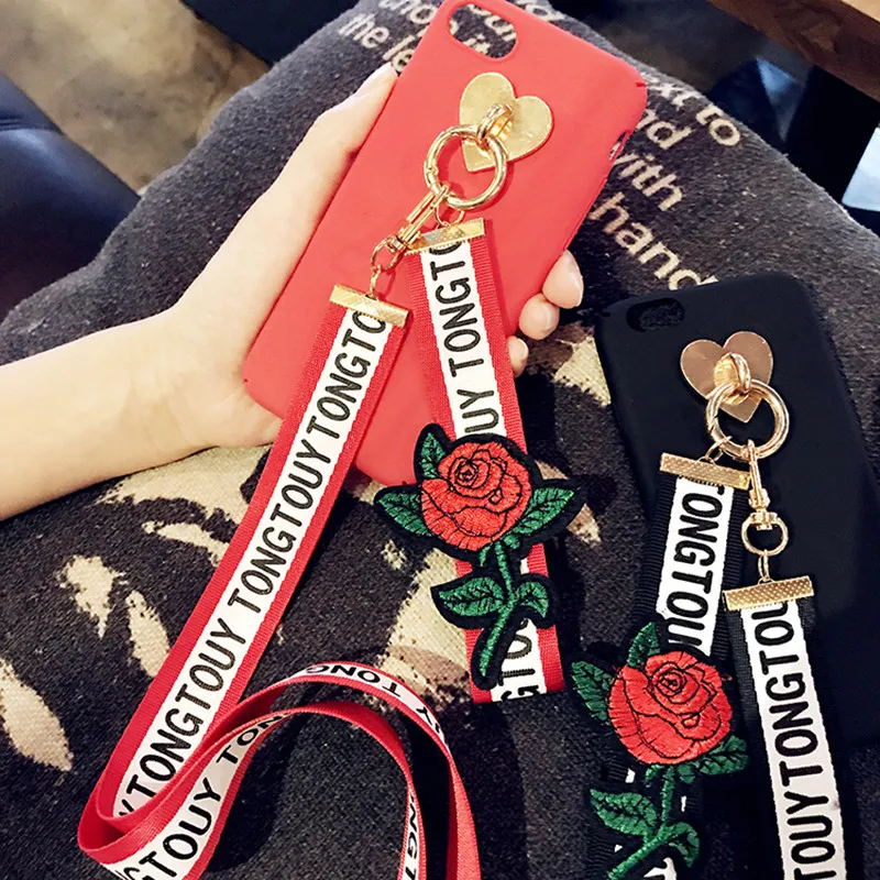 fashion Embroidered roses lanyard strap long chain cover