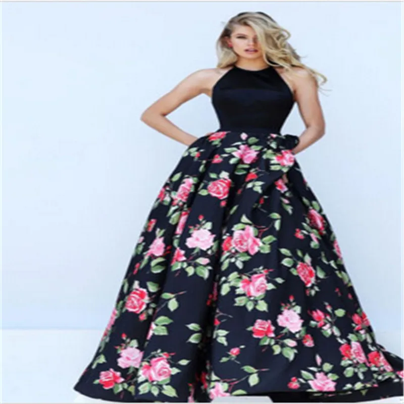 

2018 New Women Summer Dress Elegant Ladies Vintage Black Halter Backless Sleeveless Long Maxi Dress Floral Print A-line Dress