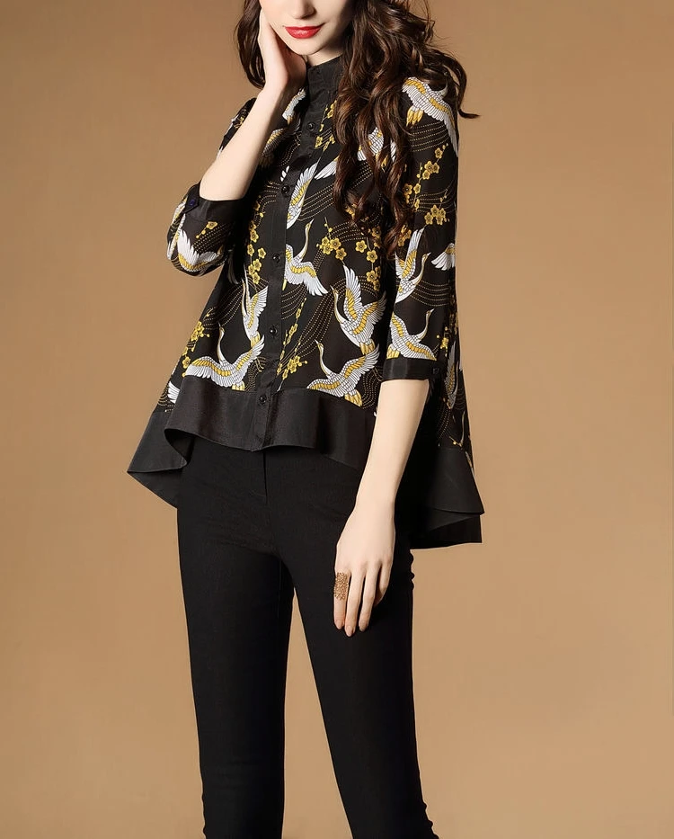 Skup 2017 nowa wiosna lato moda damska odzież drukuj nieregularne przyciski bluzka trzy czwarte rękaw Peter Pan kołnierz koszule damskie