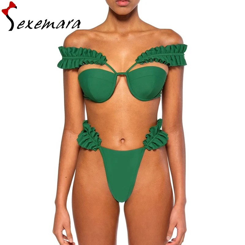 

sexy underwire bikini set push up swimsuit green ruffles striped bikinis 2019 mujer pleated swimming bathing suit women swimwear
