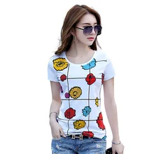 Новое поступление летние Женская Мода Тонкий О-образным вырезом короткий рукав со стразами футболка Топы корректирующие женские с цветочным принтом Футболки для девочек