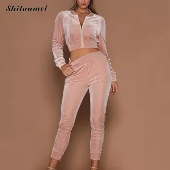 

Velvet Two Piece Set Tracksuit For Women Elegant Top And Pants Set 2018 Womens Casual Sweat Suits Leisure Autumn Outfits Pink