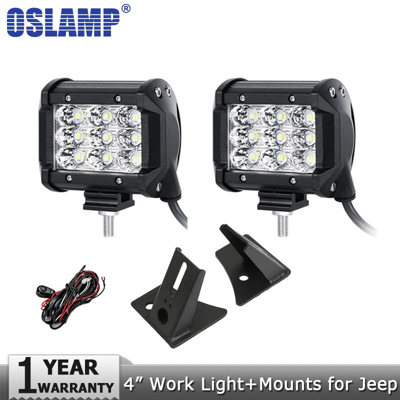 

Oslamp 2pcs 4" 36W Spot Flood Beam LED Work Light Headlight Driving Work Lamp 12v 24v+Mount Brackets for Jeep Wrangler 2007-2015